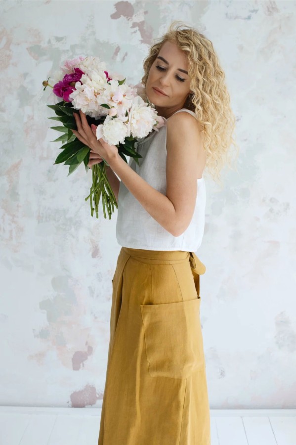 amber linen. JAPAN susiaučiamas lininis midi sijonas