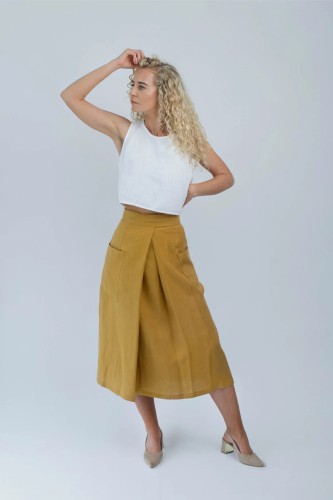 amber linen. JAPAN susiaučiamas lininis midi sijonas