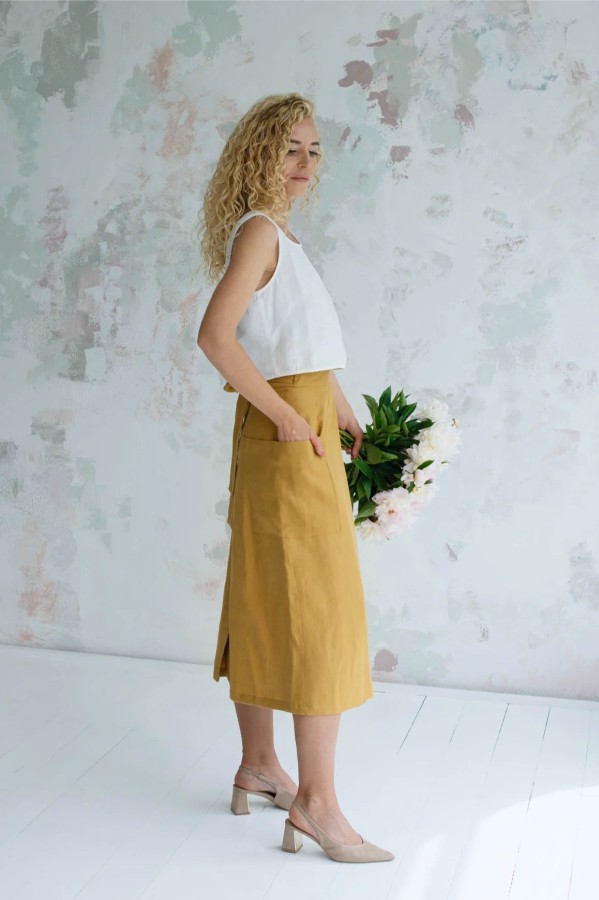 amber linen. JAPAN susiaučiamas lininis midi sijonas