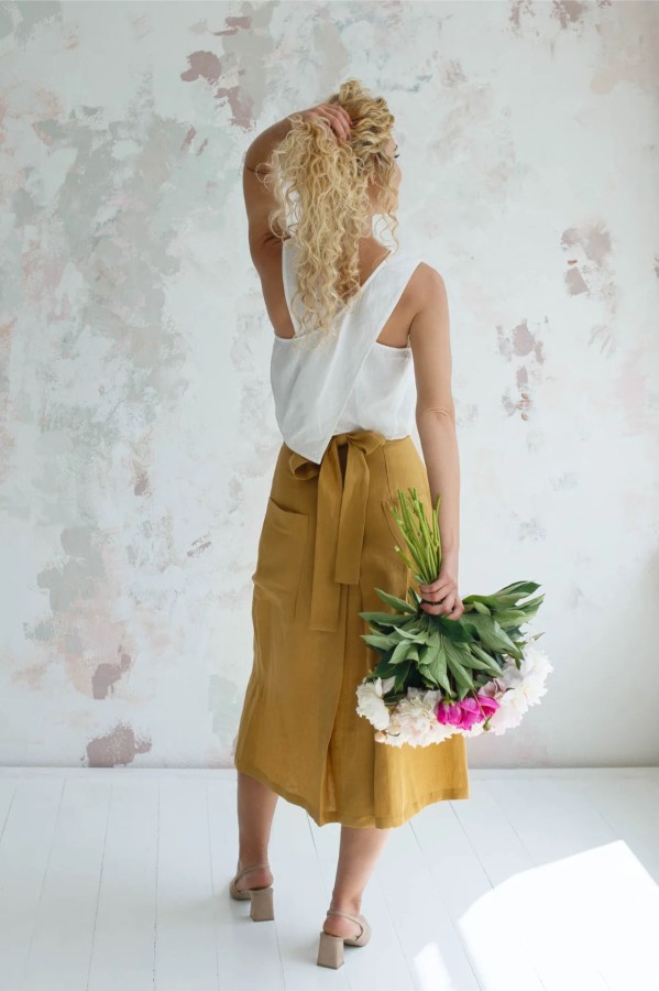 amber linen. JAPAN susiaučiamas lininis midi sijonas