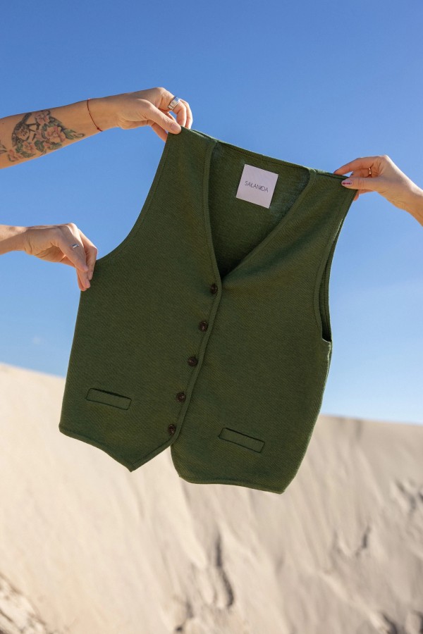 salanida. Galante megzta merino liemenė Žalia alyvuogė